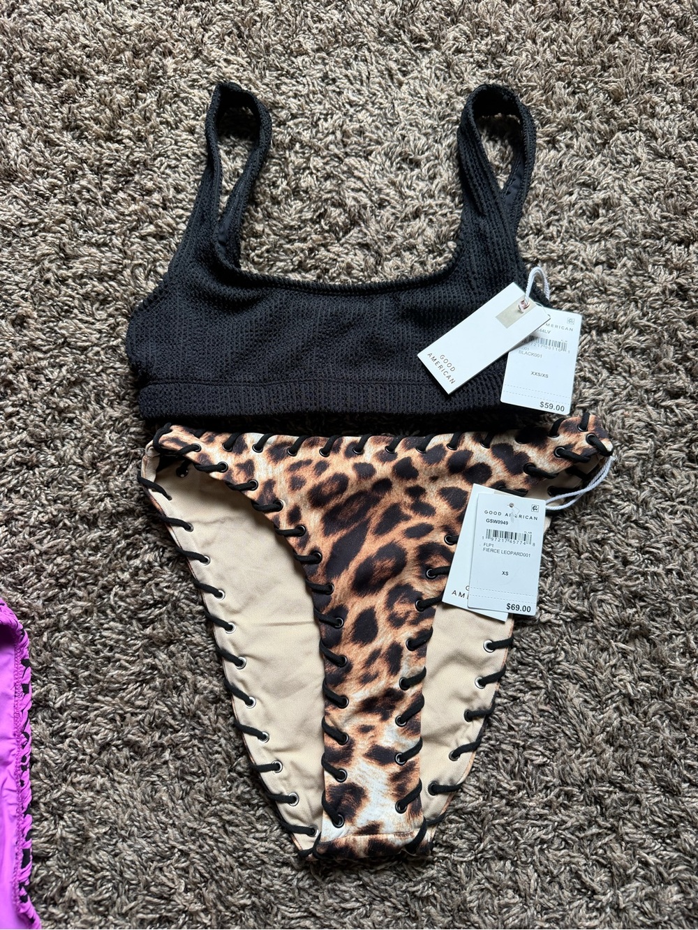 Good American Black Knit Top with Leopard Print High-Cut Bikini Bottom